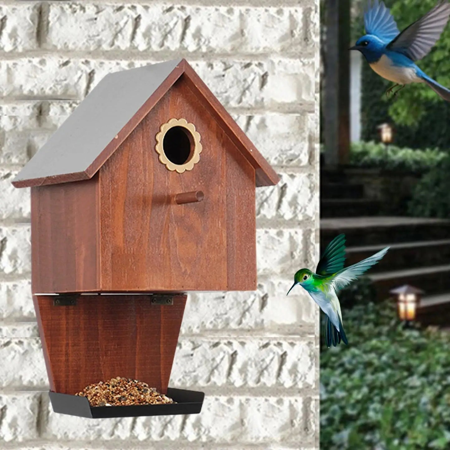 Wooden Bird House with Feeder (Farmhouse Design)