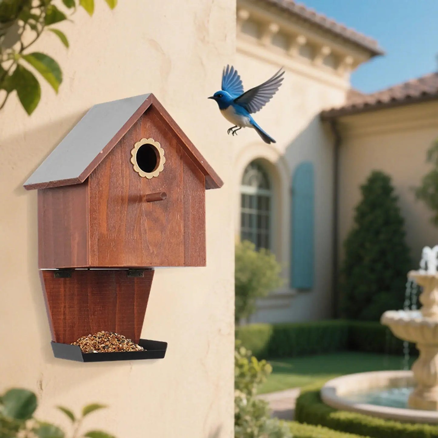 Wooden Bird House with Feeder (Farmhouse Design)