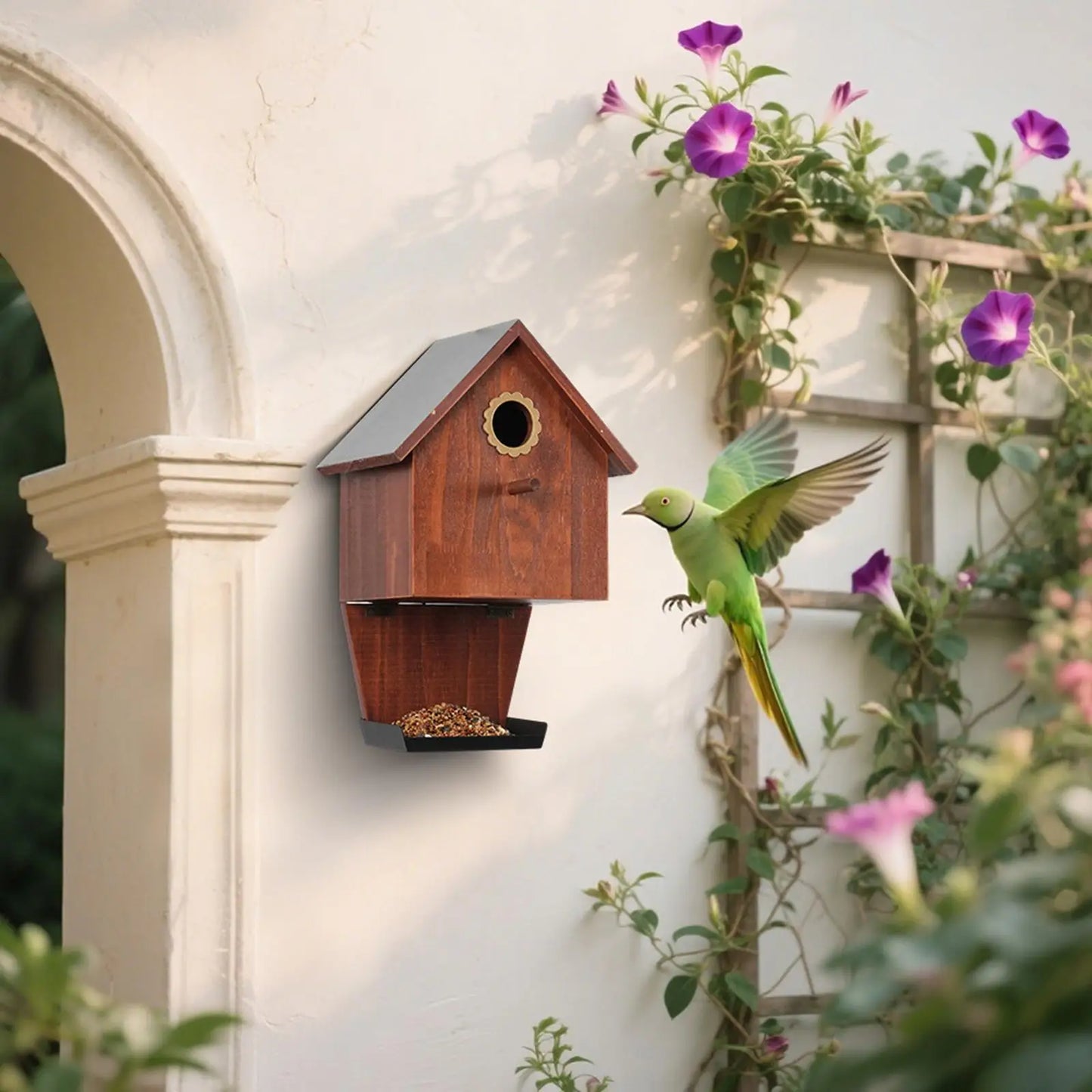 Wooden Bird House with Feeder (Farmhouse Design)