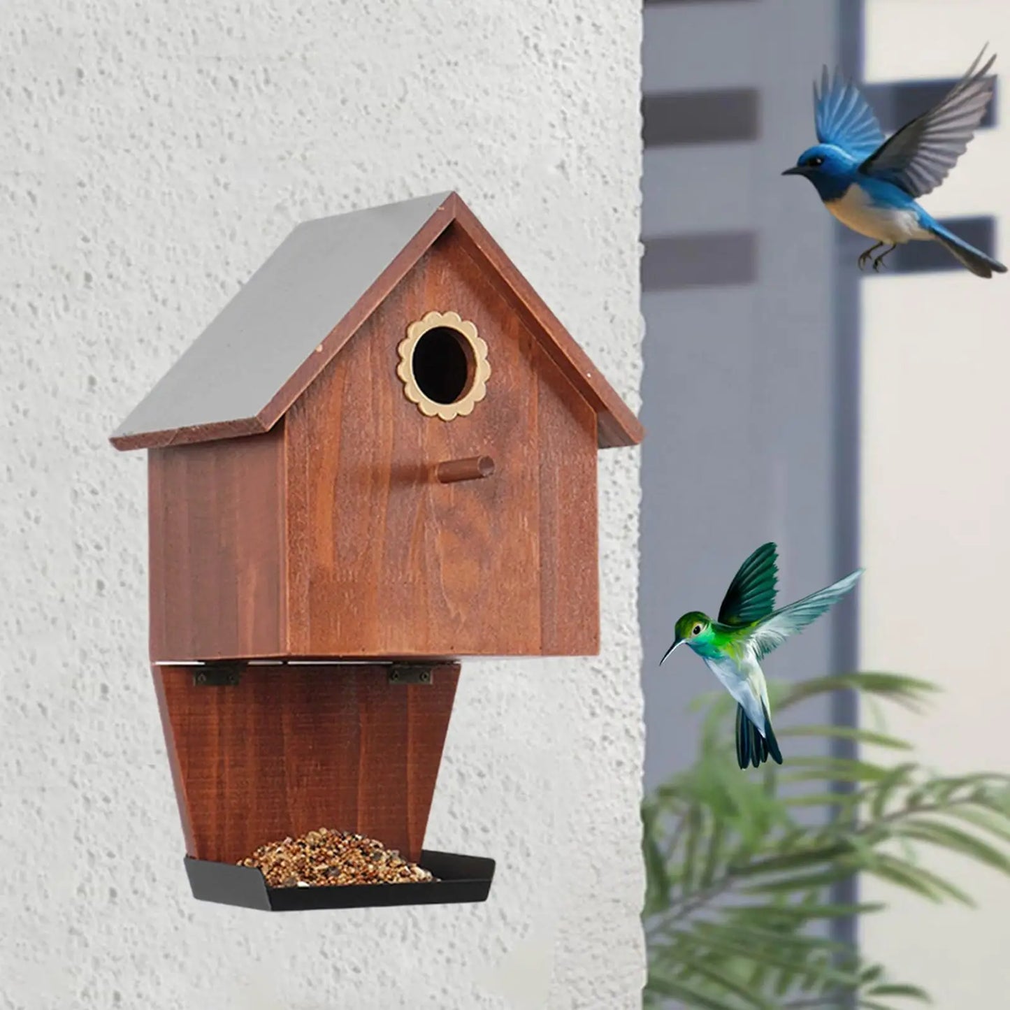 Wooden Bird House with Feeder (Farmhouse Design)